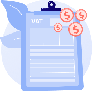 An illustration of a clipboard displaying a VAT (Value Added Tax) form. The form includes sections for itemized details and calculations. Red dollar signs are depicted above the form, symbolizing financial transactions or charges. The background features light, abstract shapes, including a leaf, adding a modern and clean aesthetic. The color scheme primarily uses shades of blue and white with accents of red.