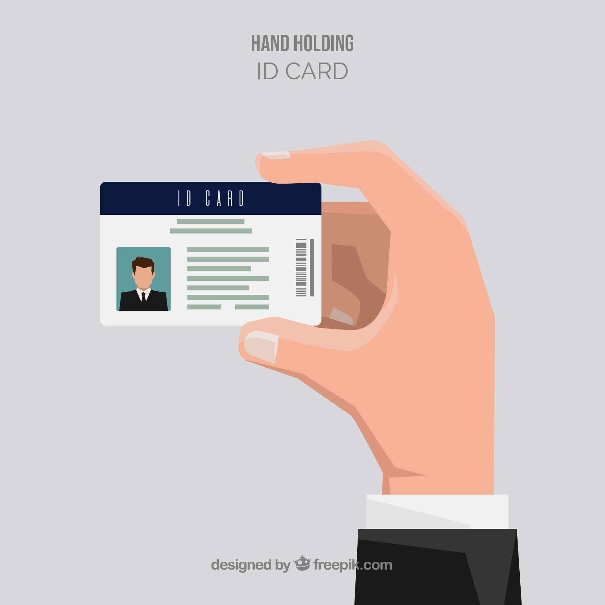 A hand is holding an ID card against a light gray background. The ID card features a photo of a person in a suit and tie on the left side, with text information and a barcode on the right. The top of the card has a dark blue band with the words "ID CARD" written on it. The illustration is simple and clean, emphasizing the act of holding the identification card.