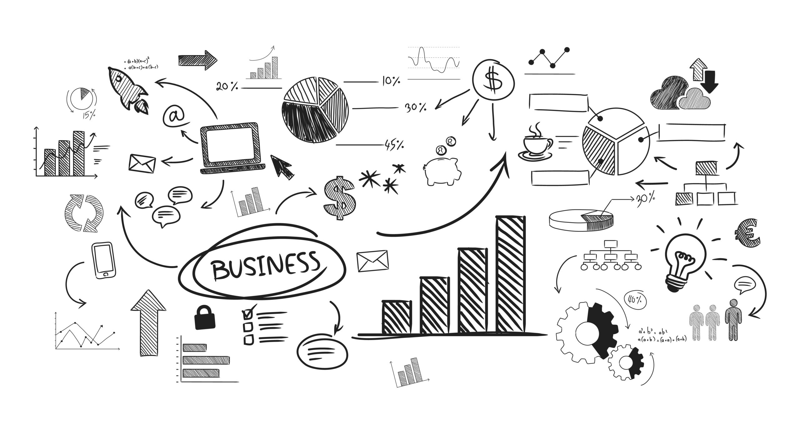 The image is a sketch-style illustration filled with various business-related symbols and diagrams. It includes bar graphs, pie charts, arrows, dollar signs, light bulbs, gears, and communication icons like envelopes and speech bubbles. There are also icons representing growth, such as a rocket, an upward arrow, and increasing graph lines. At the center, the word "BUSINESS" is prominently displayed. The overall design conveys a dynamic and interconnected view of business concepts and processes, highlighting elements of strategy, communication, and growth.