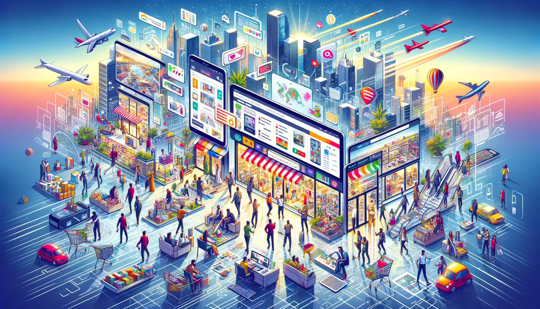 A-digital-illustration-for-an-article-about-e-commerce-in-Arabic.-The-image-should-depict-a-vibrant-and-bustling-online-shopping-environment