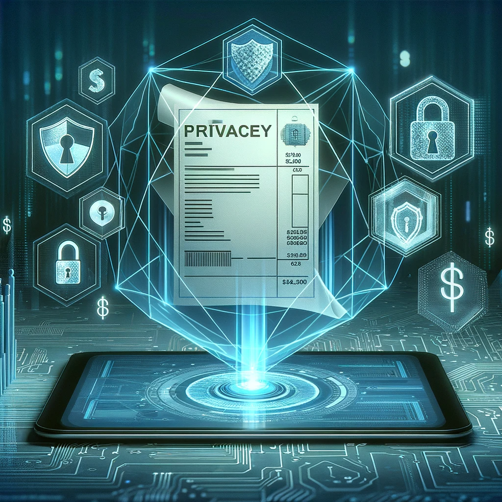 An-illustration-depicting-privacy-protection-in-electronic-invoicing.-The-scene-shows-a-digital-screen-displaying-an-electronic-invoice