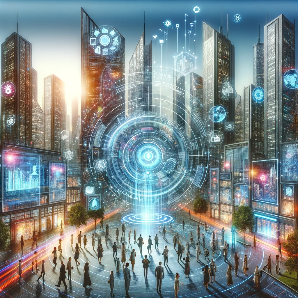 DALL·E-2023-12-28-00.36.21-A-conceptual-image-depicting-digital-transformation-التحول-الرقمي-in-the-modern-world.-The-scene-includes-a-large-futuristic-cityscape-with-digital.png