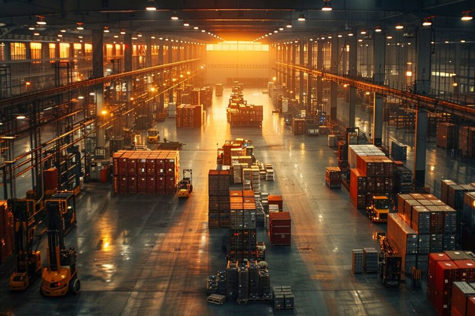 An image depicting a warehouse scene with shelves stocked with wooden materials and an orange forklift in the foreground. A person is blurred in motion, suggesting activity and inventory management. Across the center, there is a white transparent banner with the Arabic text "جرد المخزون," which translates to "Inventory Counting." The overall setting emphasizes a busy, organized storage environment.