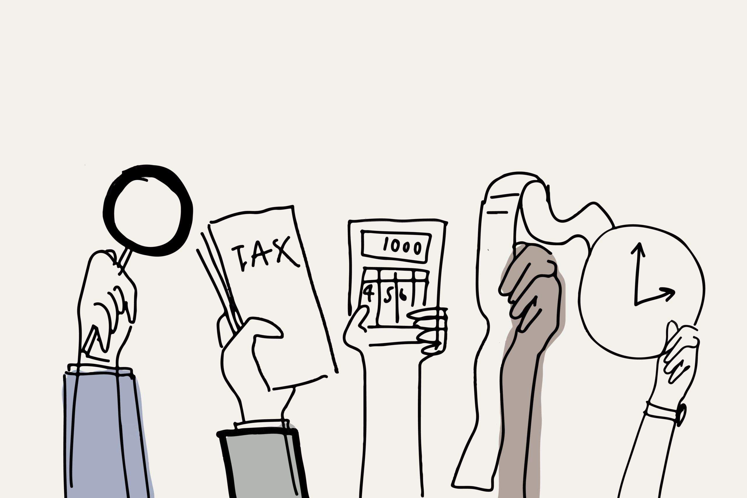 Illustration of four hands holding different financial tools and symbols. From left to right: a hand holding a magnifying glass, a hand holding a tax document, a hand holding a calculator displaying "1000," and a hand holding a long receipt. The hands represent various financial activities such as auditing, tax preparation, calculation, and record-keeping. The minimalistic, black-and-white design emphasizes the importance of these key financial tasks.
