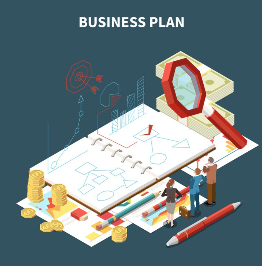 Illustration of a business plan concept featuring a large open notebook with diagrams and charts. Surrounding the notebook are elements such as a magnifying glass, stacks of money, a pen, and tiny people discussing and analyzing the plan. The background includes additional financial symbols like arrows, targets, and graphs, emphasizing strategic planning, financial analysis, and collaboration in business development. The text "BUSINESS PLAN" is prominently displayed at the top.