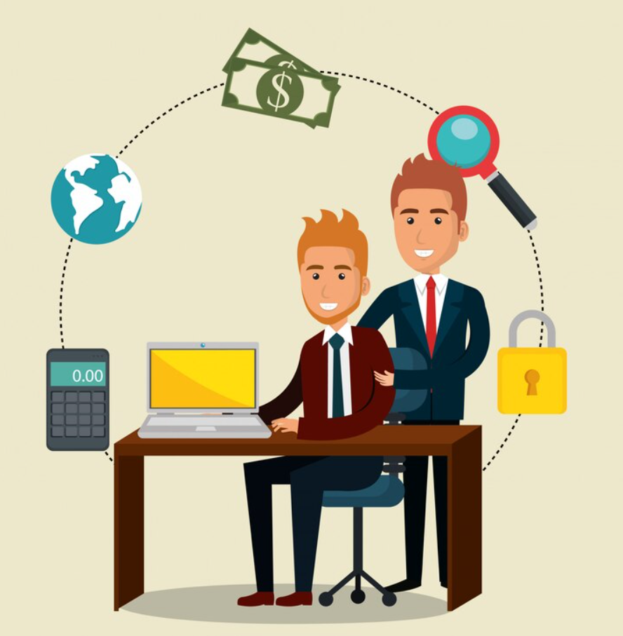 Illustration of two businessmen in a professional setting. One is seated at a desk with a laptop, while the other stands beside him with a hand on his shoulder. Surrounding them are icons representing global business concepts, including a globe, a calculator, dollar bills, a magnifying glass, and a padlock, indicating elements of finance, security, and research. The scene suggests teamwork and collaboration in a business environment.