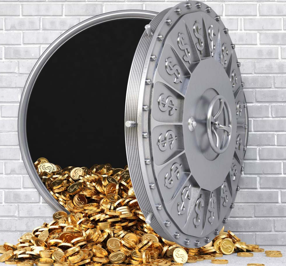 An image depicting an open vault door against a white brick wall, with a large pile of gold coins spilling out from the vault. The vault door is metallic, circular, and intricately designed with dollar signs embossed around the perimeter, suggesting wealth and security. The scene symbolizes financial abundance and security.