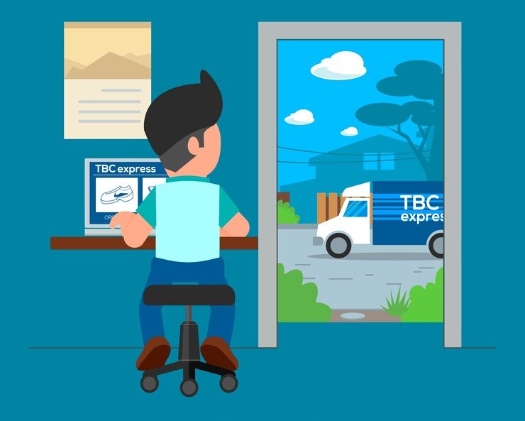 Illustration of a person sitting at a desk, looking out of an open door. Outside, a delivery truck labeled "TBC express" is parked. The scene depicts a home office setup, with the person working on a computer and awaiting a delivery. The background includes a house, trees, and a clear sky.