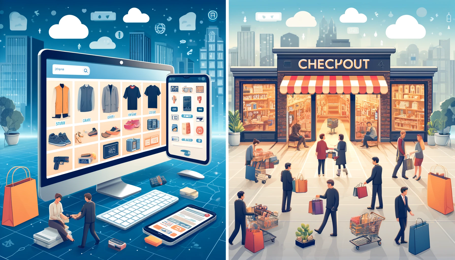 A split image comparing online shopping and in-store shopping. On the left, a digital marketplace is displayed on a computer and tablet screen, featuring various products like clothing, shoes, and accessories, set against a backdrop of digital icons and cityscape. On the right, a bustling physical store labeled "Checkout" with people shopping, pushing carts, and carrying bags, indicating a lively retail environment. The scene contrasts the convenience of e-commerce with the traditional in-store shopping experience.