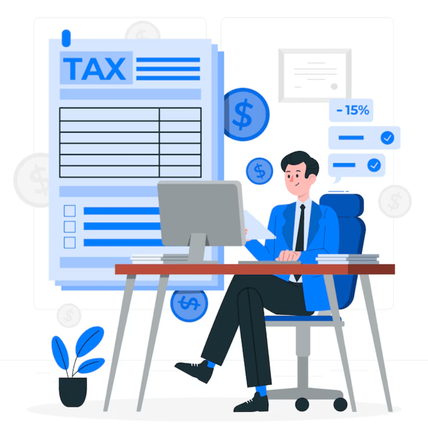 An image of an employee sitting on his disk with a huge tax file beside him