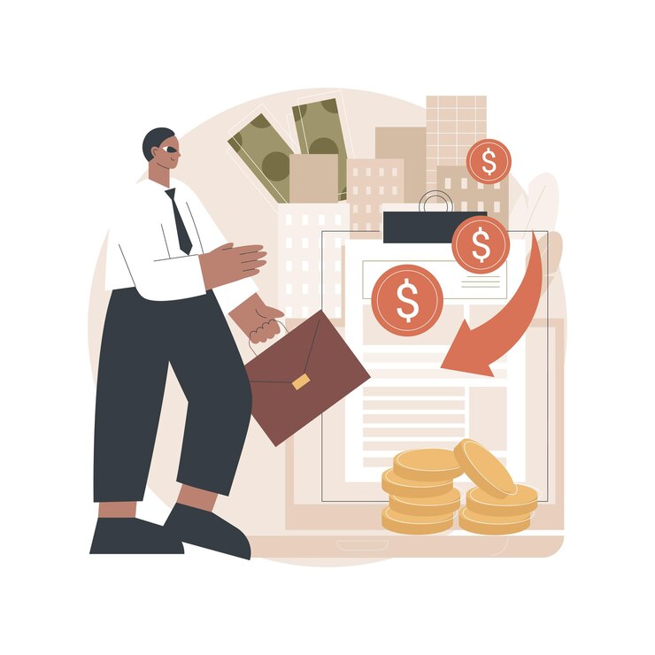 Illustration of a businessperson holding a briefcase, surrounded by financial elements such as stacks of coins, a document with a downward arrow, dollar signs, and a briefcase filled with cash, set against a cityscape background.
