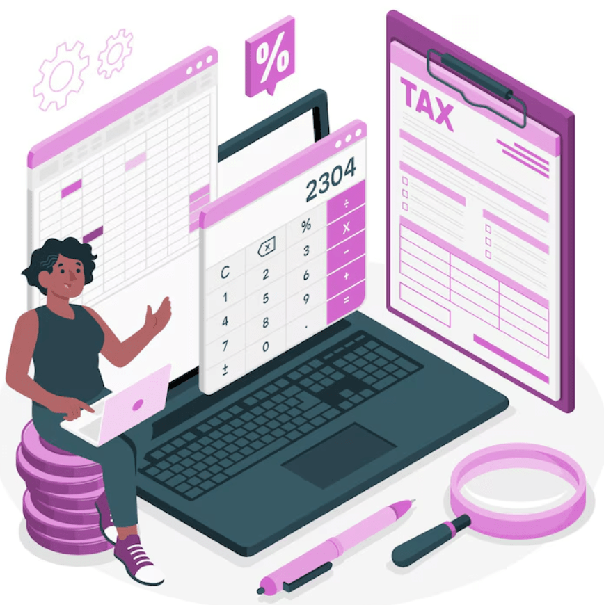 Illustration of a person working on taxes, with a laptop displaying a calculator, tax form, and financial documents.