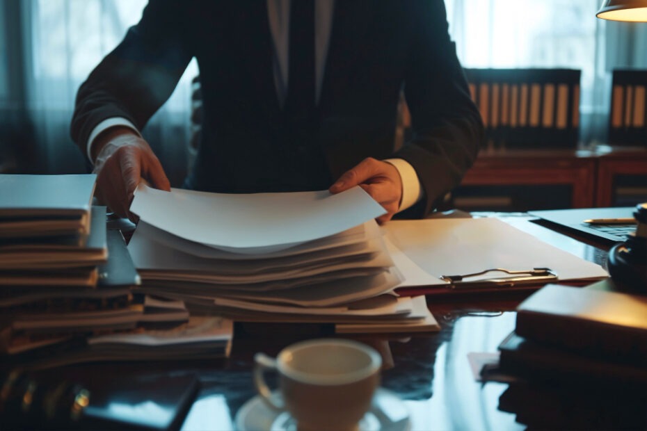 A professional in a suit is organizing a stack of documents on a desk in a well-lit office. The desk is cluttered with papers, files, and a cup of coffee, indicating a busy work environment. The background features bookshelves filled with folders, contributing to the formal and focused atmosphere.