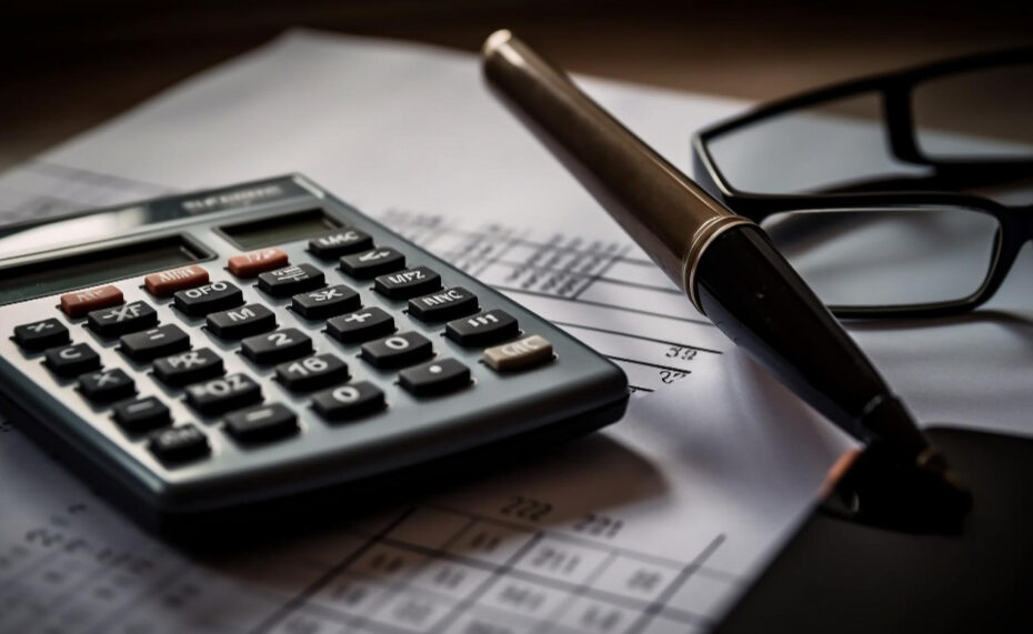 A close-up image of a calculator, a pen, and a pair of eyeglasses resting on a sheet of financial documents. The calculator's display and buttons are clearly visible, suggesting its use in performing calculations related to taxes or finances. The scene is well-lit, creating a focused atmosphere typical of financial analysis or accounting tasks. The eyeglasses and pen indicate attention to detail and precision, essential for handling financial matters. The overall composition emphasizes the tools and documents necessary for thorough financial planning or tax preparation.