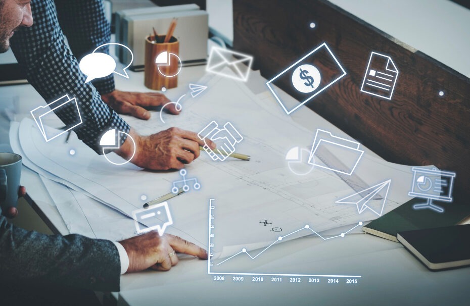 The image depicts two professionals at work, likely engaged in a business or financial planning session. They are focused on large, spread-out sheets of paper, possibly blueprints or strategic plans, laid across a desk. The photo is overlaid with digital graphics representing various business concepts such as communication, data analytics, and financial transactions.